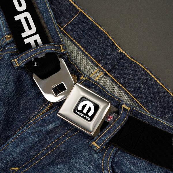 Buckle Down MOPAR Logo Full Color Black White Seatbelt Belt - MOPAR Text Black/White Webbing