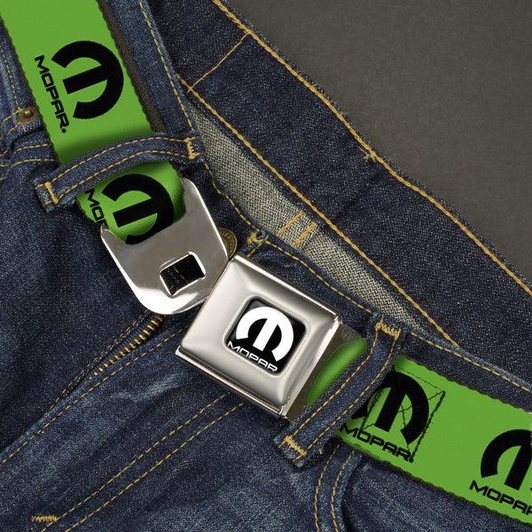 Buckle Down MOPAR Logo Full Color Black/White Seatbelt Belt - MOPAR Logo Repeat Green/Black Webbing