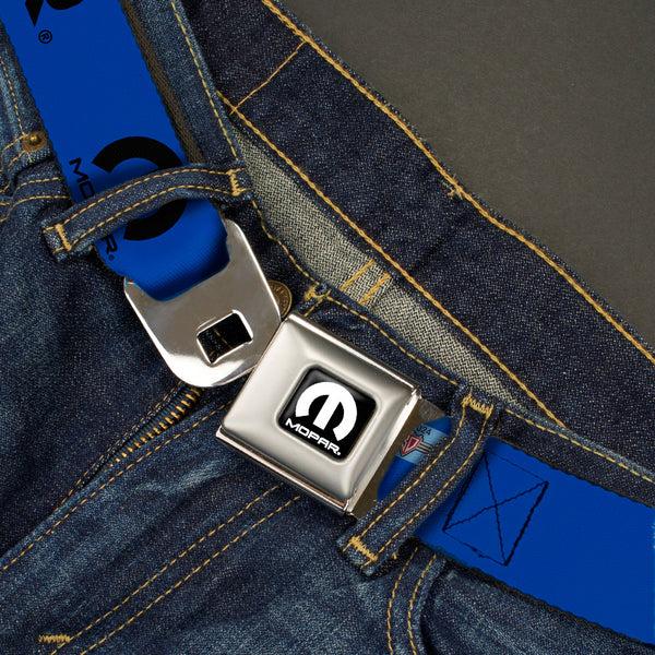 Buckle Down MOPAR Logo Full Color Black White Seatbelt Belt - MOPAR Text/Logo Blue/Black Webbing