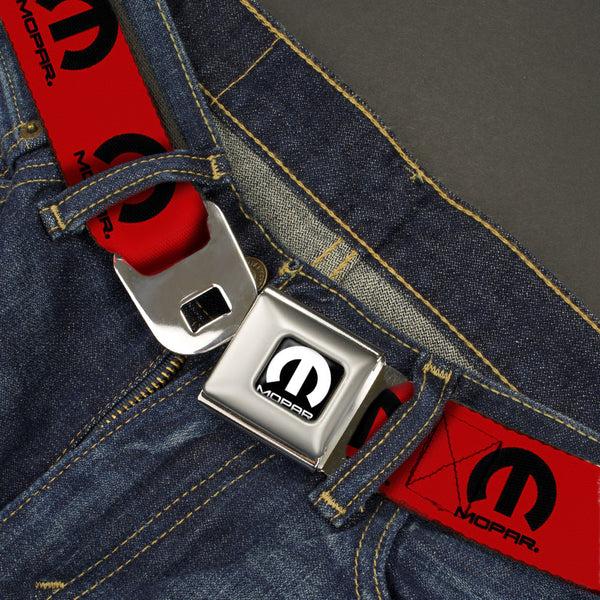Buckle Down MOPAR Logo Full Color Black/White Seatbelt Belt - MOPAR Logo Repeat Red/Black Webbing
