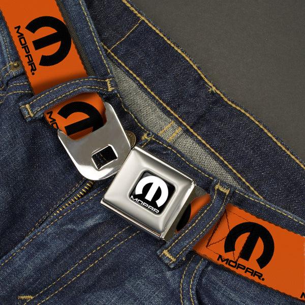 Buckle Down MOPAR Logo Full Color Black/White Seatbelt Belt - MOPAR Logo Repeat Orange/Black Webbing