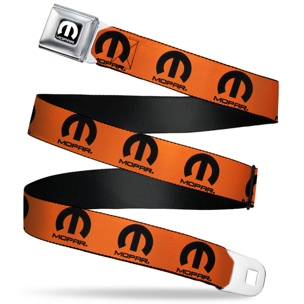 buckle down MOPAR Logo Full Color Black/White Seatbelt Belt - MOPAR Logo Repeat Orange/Black Webbing