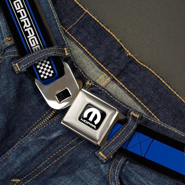 Buckle Down MOPAR Logo Full Color Black White Seatbelt Belt - MOPAR GARAGE Checker Logo/Stripe Black/Blue/White Webbing