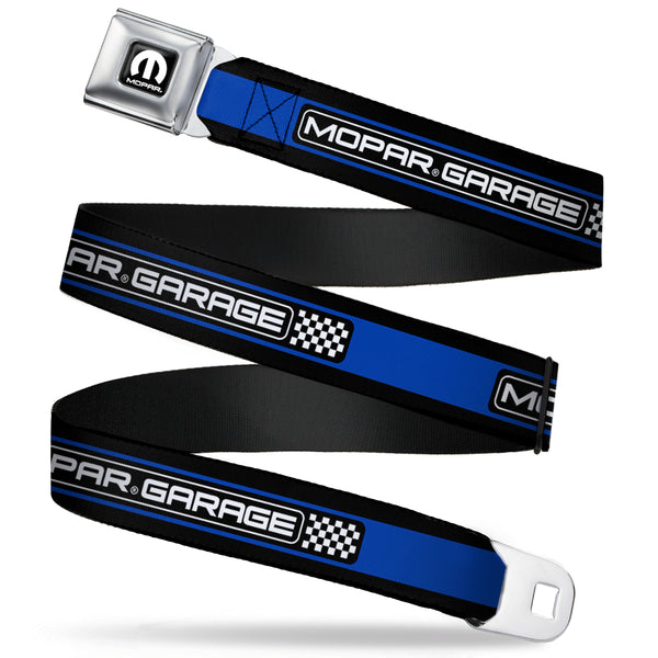 buckle down MOPAR Logo Full Color Black White Seatbelt Belt - MOPAR GARAGE Checker Logo/Stripe Black/Blue/White Webbing