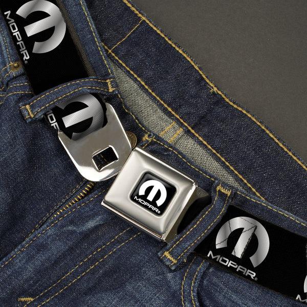 Buckle Down MOPAR Logo Full Color Black/White Seatbelt Belt - MOPAR Logo Repeat Black/Silver Gradient Webbing