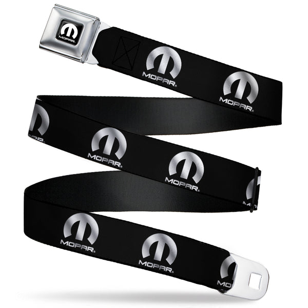 buckle down MOPAR Logo Full Color Black/White Seatbelt Belt - MOPAR Logo Repeat Black/Silver Gradient Webbing