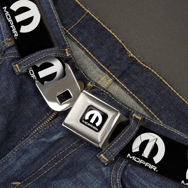 Buckle Down MOPAR Logo Full Color Black/White Seatbelt Belt - MOPAR Logo Repeat Black/White Webbing