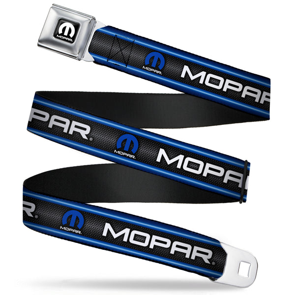 buckle down MOPAR Logo Full Color Black White Seatbelt Belt - MOPAR Text/Logo/Stripe/Grill Black/Grays/Blue Glow/White Webbing