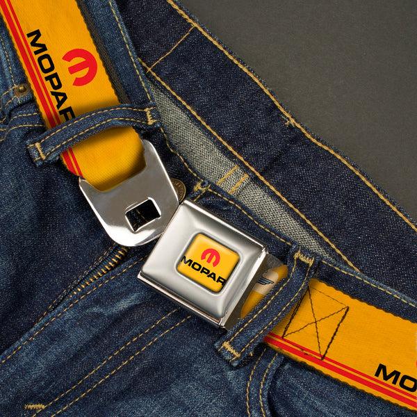 Buckle Down MOPAR Logo Full Color Gold Red Black Seatbelt Belt - MOPAR Logo Double-Stripe Vintage Gold/Red/Black Webbing