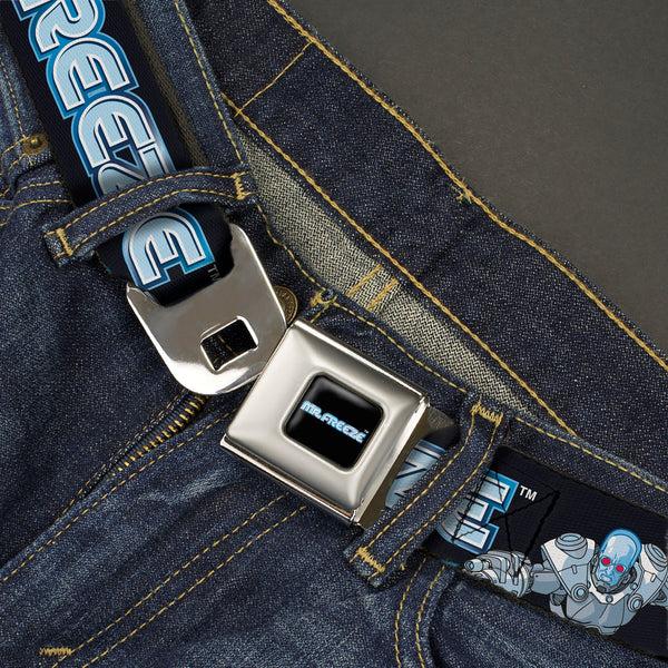 Buckle Down MR. FREEZE Title Logo Full Color Black Seatbelt Belt - DC Batman Villain MR. FREEZE Poses And Title Logo Black/Blues Webbing