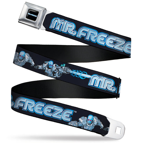 buckle down MR. FREEZE Title Logo Full Color Black Seatbelt Belt - DC Batman Villain MR. FREEZE Poses and Title Logo Black/Blues Webbing