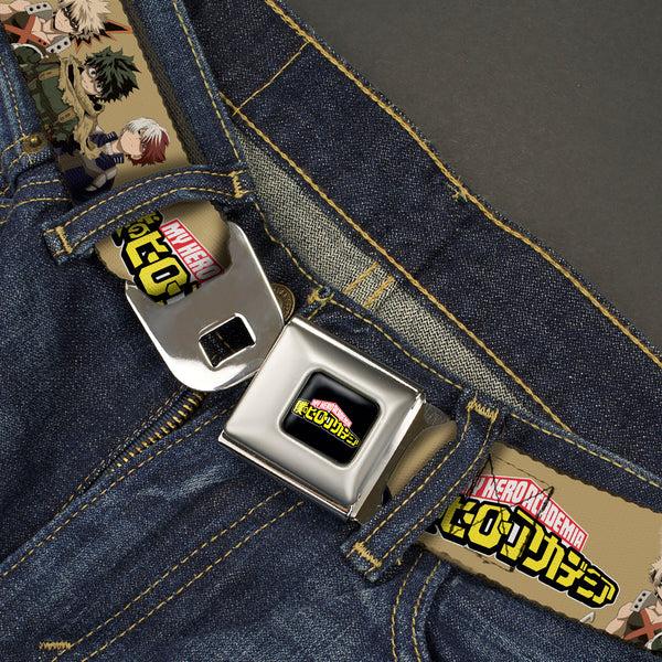 Buckle Down MY HERO ACADEMIA Title Logo Full Color Black Seatbelt Belt - MY HERO ACADEMIA Character Trio Pose And Title Logo Tan Webbing