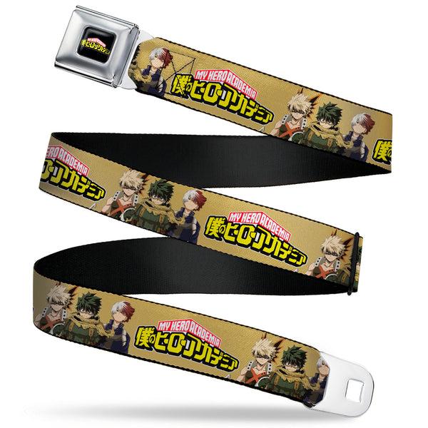 buckle down MY HERO ACADEMIA Title Logo Full Color Black Seatbelt Belt - MY HERO ACADEMIA Character Trio Pose and Title Logo Tan Webbing