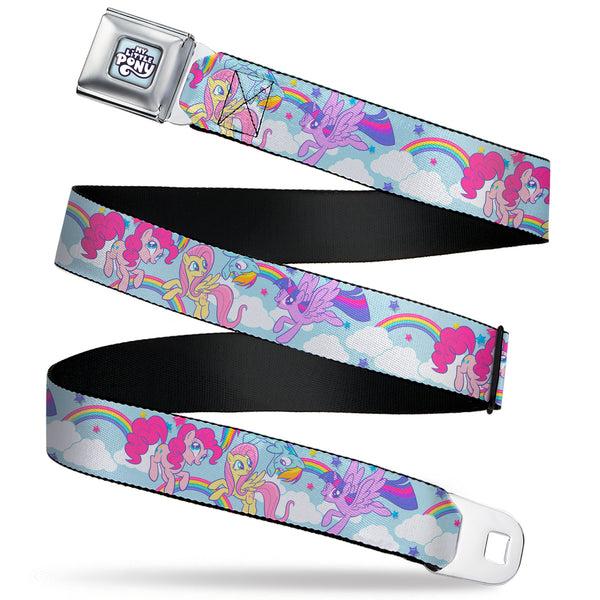 buckle down My Little Pony 4-Pony Group Pose and Rainbows Full Color Sky Blue Seatbelt Belt - MY LITTLE PONY Title Logo Full Color Sky Blue Webbing