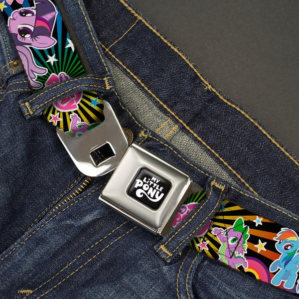 Buckle Down MY LITTLE PONY Title Logo Full Color Black/Purple/White Seatbelt Belt - My Little Pony Three Ponies And Spike Poses And Rays Black/Multi Color Webbing