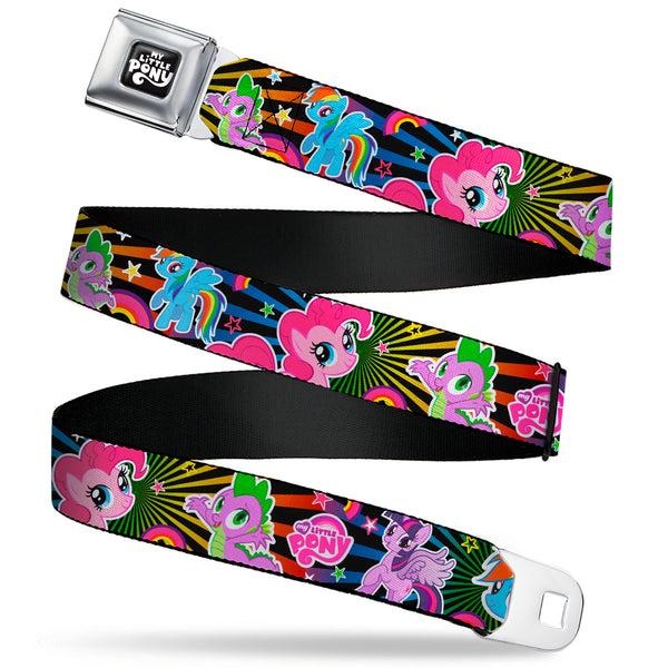buckle down MY LITTLE PONY Title Logo Full Color Black/Purple/White Seatbelt Belt - My Little Pony Three Ponies and Spike Poses and Rays Black/Multi Color Webbing