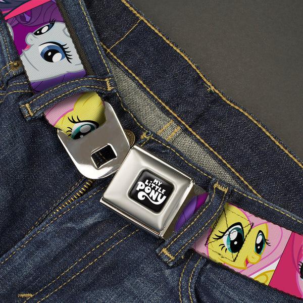 Buckle Down MY LITTLE PONY Title Logo Full Color Black/Purple/White Seatbelt Belt - My Little Pony Mane Six Close-Up Face Blocks Multi Color Webbing