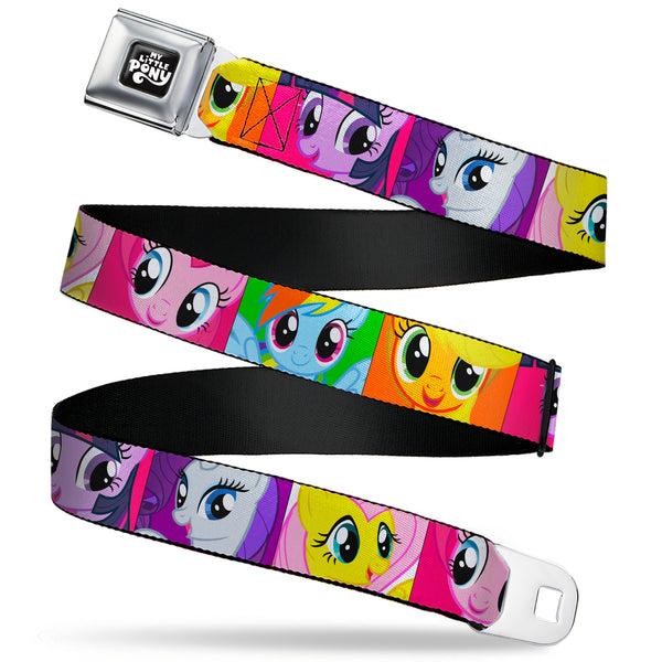 buckle down MY LITTLE PONY Title Logo Full Color Black/Purple/White Seatbelt Belt - My Little Pony Mane Six Close-Up Face Blocks Multi Color Webbing