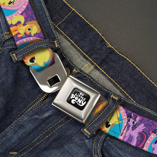 Buckle Down MY LITTLE PONY Title Logo Full Color Black/Purple/White Seatbelt Belt - My Little Pony Mane Six Close-Up Faces And Poses Purples/Pinks Webbing