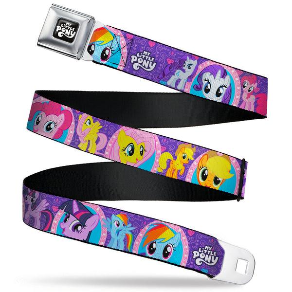 buckle down MY LITTLE PONY Title Logo Full Color Black/Purple/White Seatbelt Belt - My Little Pony Mane Six Close-Up Faces and Poses Purples/Pinks Webbing