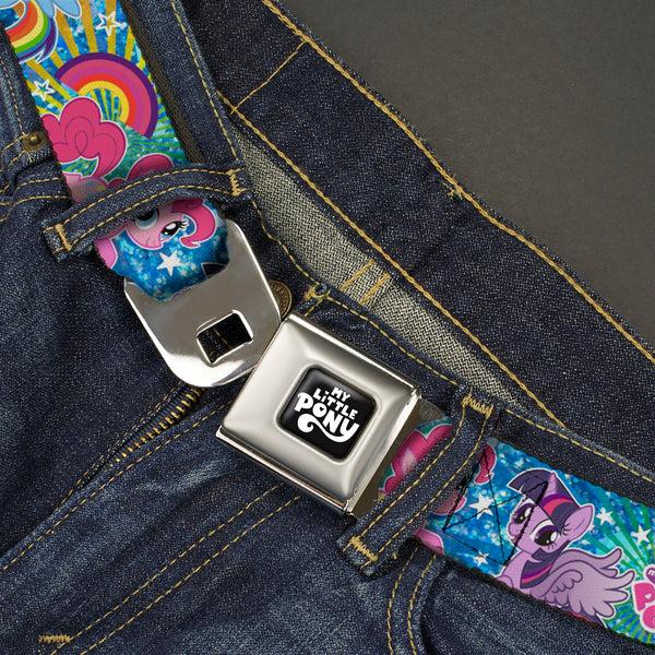 Buckle Down MY LITTLE PONY Title Logo Full Color Black/Purple/White Seatbelt Belt - My Little Pony Three Ponies And Spike Pose Rainbows And Rays Blues/Multi Color Webbing