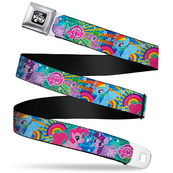 buckle down MY LITTLE PONY Title Logo Full Color Black/Purple/White Seatbelt Belt - My Little Pony Three Ponies and Spike Pose Rainbows and Rays Blues/Multi Color Webbing