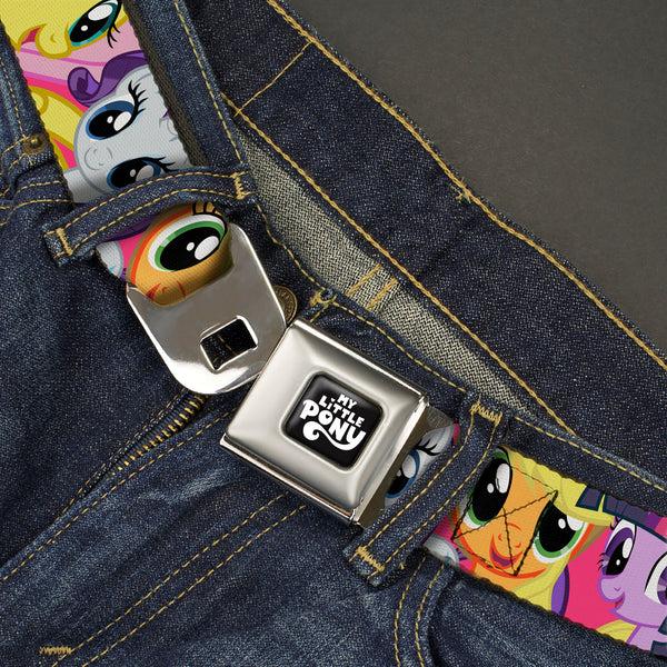 Buckle Down MY LITTLE PONY Title Logo Full Color Black/Purple/White Seatbelt Belt - My Little Pony Mane Six Eye Expressions Close-Up Multi Color Webbing