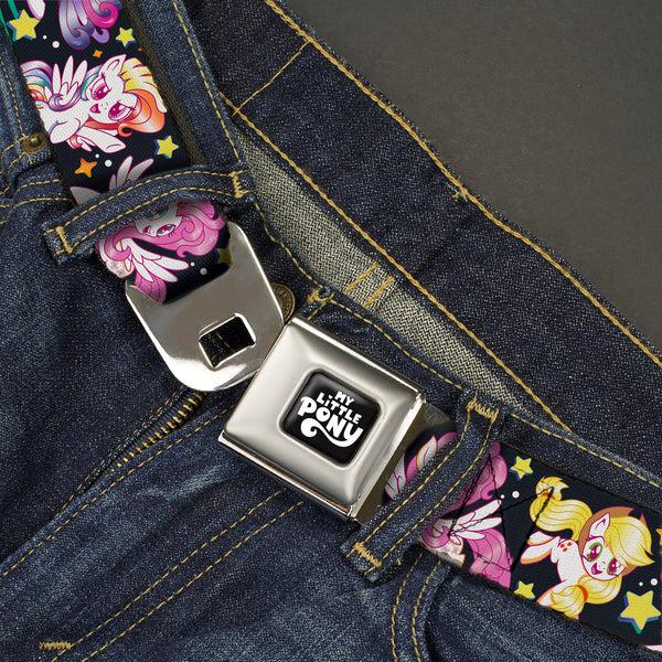Buckle Down MY LITTLE PONY Title Logo Full Color Black/Purple/White Seatbelt Belt - My Little Pony Five Retro Pony Action Pose Black/Multi Color Webbing