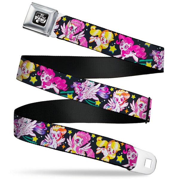 buckle down MY LITTLE PONY Title Logo Full Color Black/Purple/White Seatbelt Belt - My Little Pony Five Retro Pony Action Pose Black/Multi Color Webbing