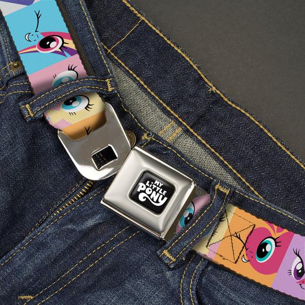 Buckle Down MY LITTLE PONY Title Logo Full Color Black/Purple/White Seatbelt Belt - My Little Pony Mane Six Cutie Mark Expression Blocks Multi Color Webbing