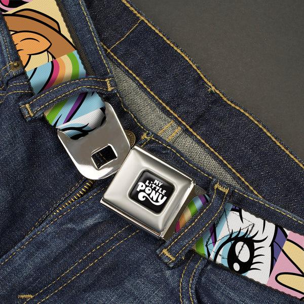 Buckle Down MY LITTLE PONY Title Logo Full Color Black/Purple/White Seatbelt Belt - My Little Pony Mane Six Character Close-Up Blocks Multi Color Webbing