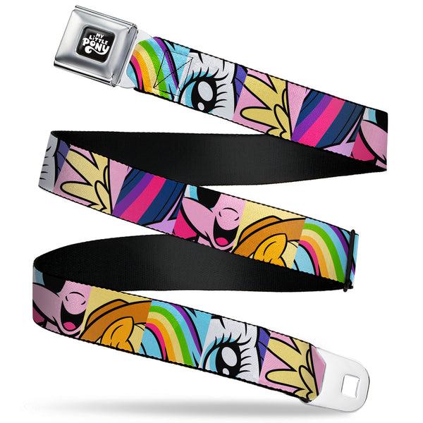 buckle down MY LITTLE PONY Title Logo Full Color Black/Purple/White Seatbelt Belt - My Little Pony Mane Six Character Close-Up Blocks Multi Color Webbing