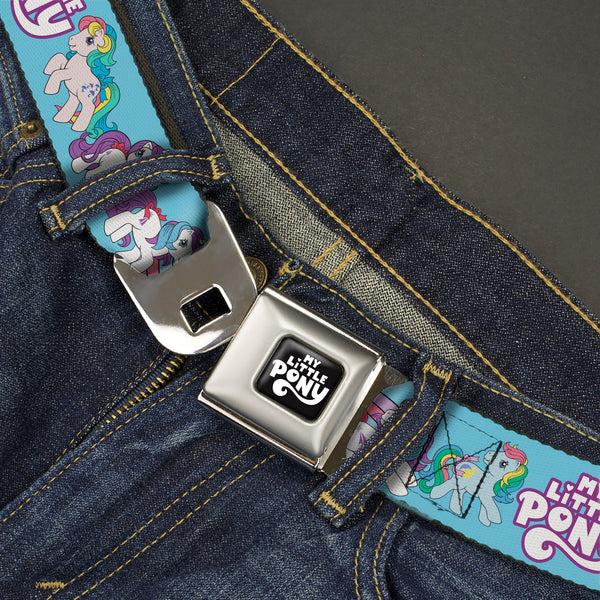 Buckle Down MY LITTLE PONY Title Logo Full Color Black/Purple/White Seatbelt Belt - MY LITTLE PONY Three Pony Rainbow Poses And Title Logo Blue/Multi Color Webbing