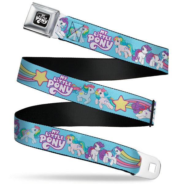 buckle down MY LITTLE PONY Title Logo Full Color Black/Purple/White Seatbelt Belt - MY LITTLE PONY Three Pony Rainbow Poses and Title Logo Blue/Multi Color Webbing