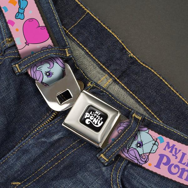 Buckle Down MY LITTLE PONY Title Logo Full Color Black/Purple/White Seatbelt Belt - MY LITTLE PONY Three Pony Confetti Party And Title Logo Pink/Multi Color Webbing
