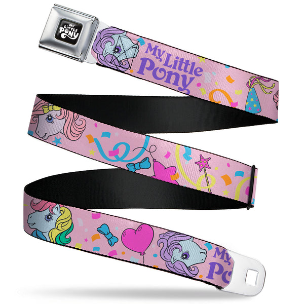 buckle down MY LITTLE PONY Title Logo Full Color Black/Purple/White Seatbelt Belt - MY LITTLE PONY Three Pony Confetti Party and Title Logo Pink/Multi Color Webbing