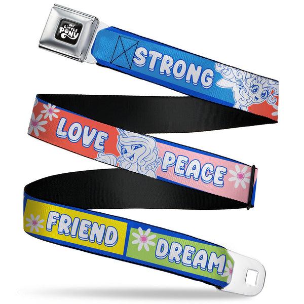 buckle down MY LITTLE PONY Title Logo Full Color Black/Purple/White Seatbelt Belt - MY LITTLE PONY Three Ponies Trait Text Blocks Blue/Multi Color Webbing