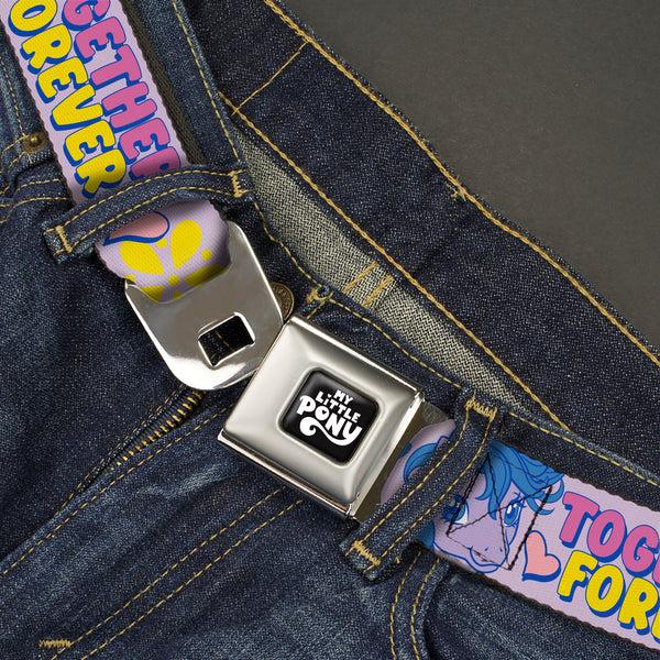 Buckle Down MY LITTLE PONY Title Logo Full Color Black/Purple/White Seatbelt Belt - MY LITTLE PONY Three Ponies TOGETHER FOREVER Multi Color Webbing