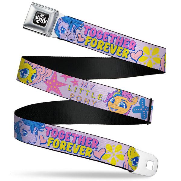 buckle down MY LITTLE PONY Title Logo Full Color Black/Purple/White Seatbelt Belt - MY LITTLE PONY Three Ponies TOGETHER FOREVER Multi Color Webbing