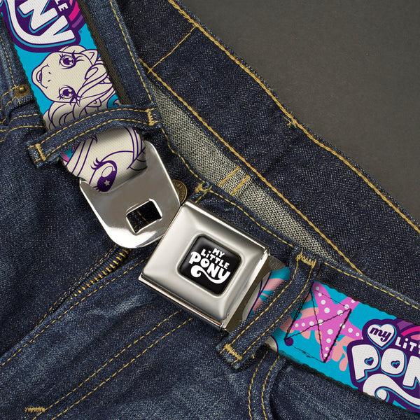 Buckle Down MY LITTLE PONY Title Logo Full Color Black/Purple/White Seatbelt Belt - MY LITTLE PONY Pony Faces Flowers And Title Logo Blue/Pinks/White Webbing