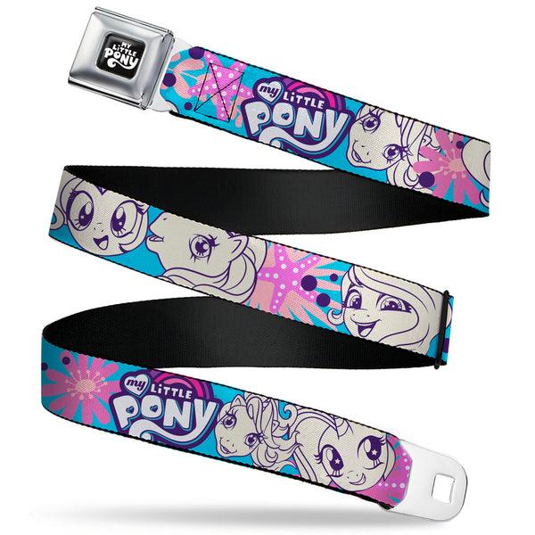 buckle down MY LITTLE PONY Title Logo Full Color Black/Purple/White Seatbelt Belt - MY LITTLE PONY Pony Faces Flowers and Title Logo Blue/Pinks/White Webbing