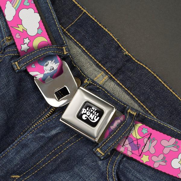 Buckle Down MY LITTLE PONY Title Logo Full Color Black/Purple/White Seatbelt Belt - My Little Pony Four Ponies And Cutie Marks Collage Pink/Multi Color Webbing