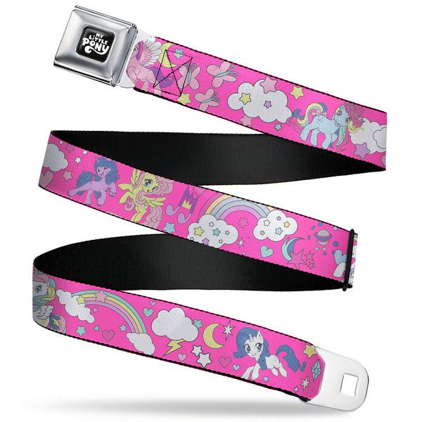 buckle down MY LITTLE PONY Title Logo Full Color Black/Purple/White Seatbelt Belt - My Little Pony Four Ponies and Cutie Marks Collage Pink/Multi Color Webbing