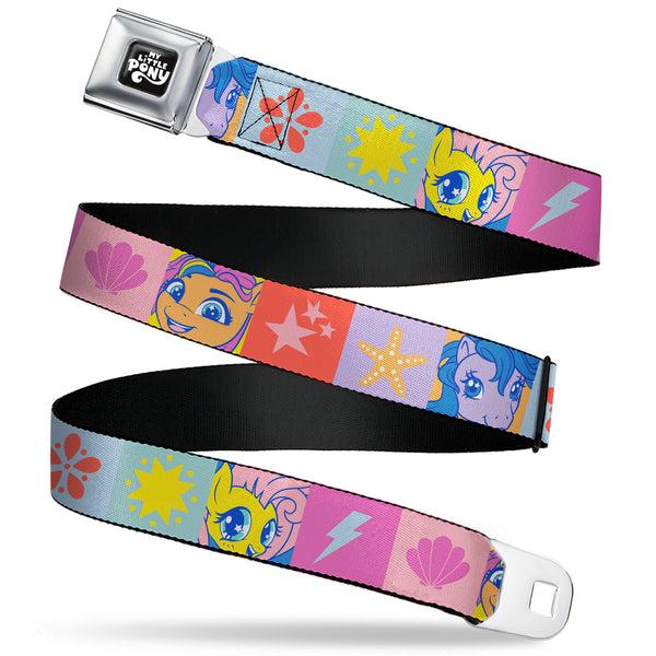 buckle down MY LITTLE PONY Title Logo Full Color Black/Purple/White Seatbelt Belt - My Little Pony Faces and Cutie Mark Blocks Multi Color Webbing