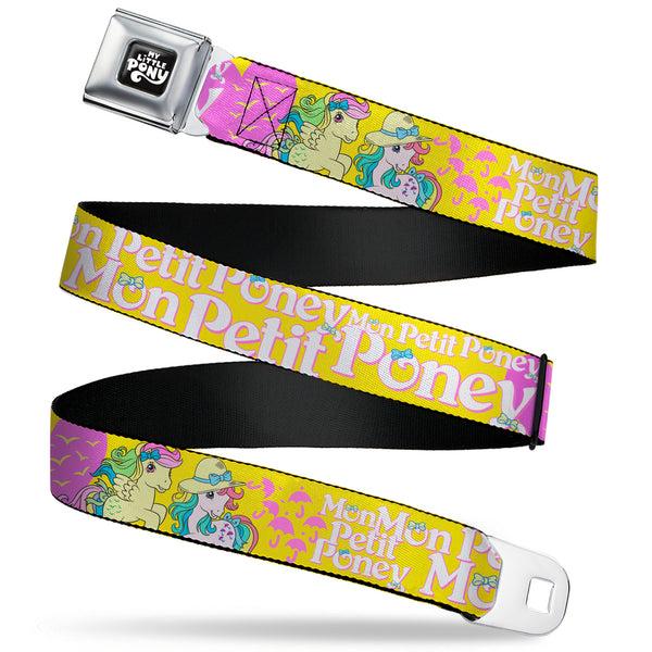 buckle down MY LITTLE PONY Title Logo Full Color Black/Purple/White Seatbelt Belt - MON PETIT PONEY Two Ponies and Cutie Marks Collage Yellow/Pink Webbing