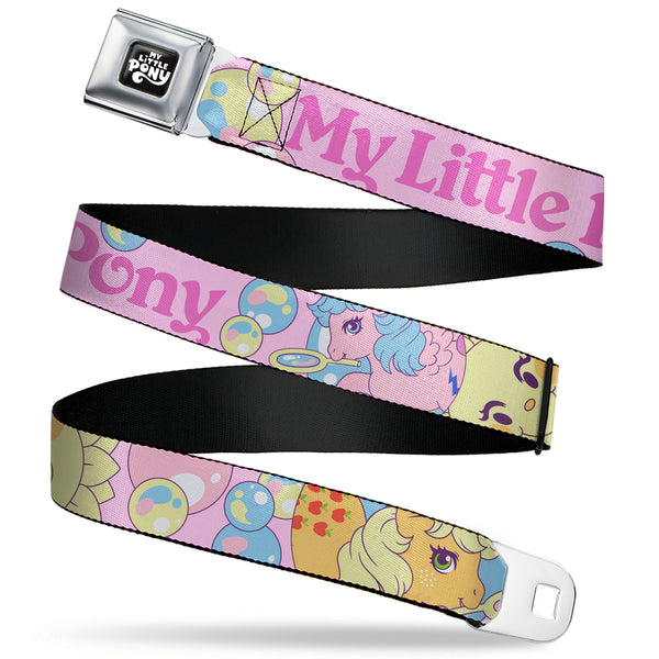 buckle down MY LITTLE PONY Title Logo Full Color Black/Purple/White Seatbelt Belt - MY LITTLE PONY Two Pony Sunshine Bubbles and Title Logo Pink/Multi Color Webbing