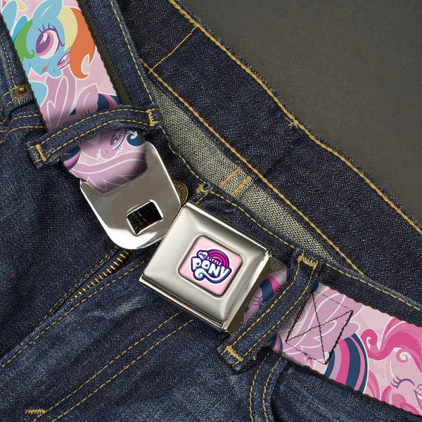 Buckle Down MY LITTLE PONY Title Logo Full Color Pink/White Seatbelt Belt - My Litlle Pony Five Pony Poses Pink Webbing