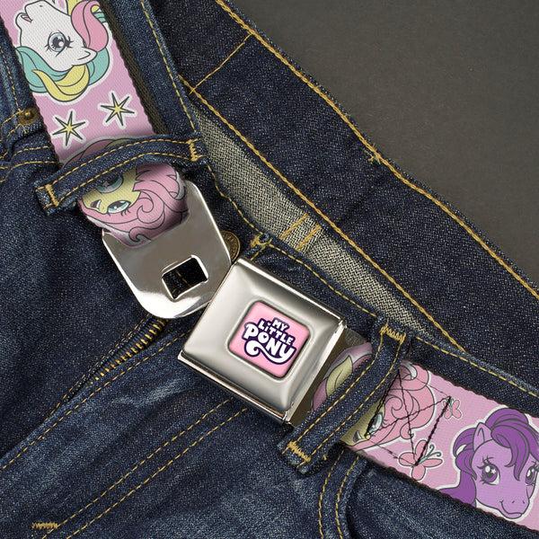 Buckle Down MY LITTLE PONY Title Logo Full Color Pinks/Purples/White Seatbelt Belt - My Little Pony Generations Five Pony Faces And Cutie Marks Pink Webbing