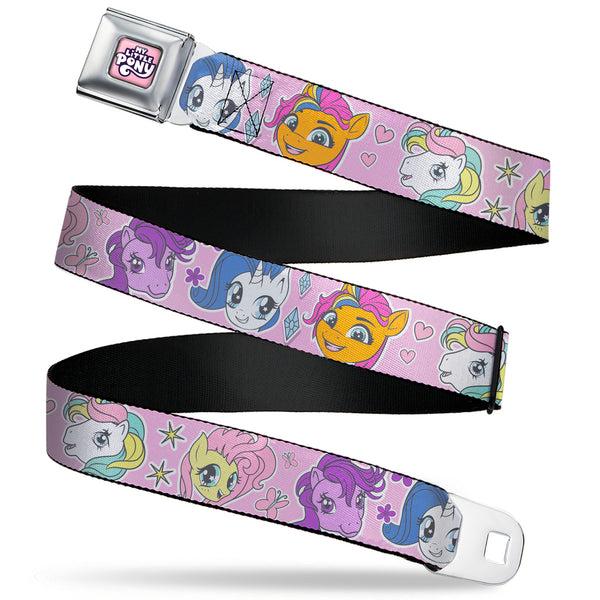 buckle down MY LITTLE PONY Title Logo Full Color Pinks/Purples/White Seatbelt Belt - My Little Pony Generations Five Pony Faces and Cutie Marks Pink Webbing