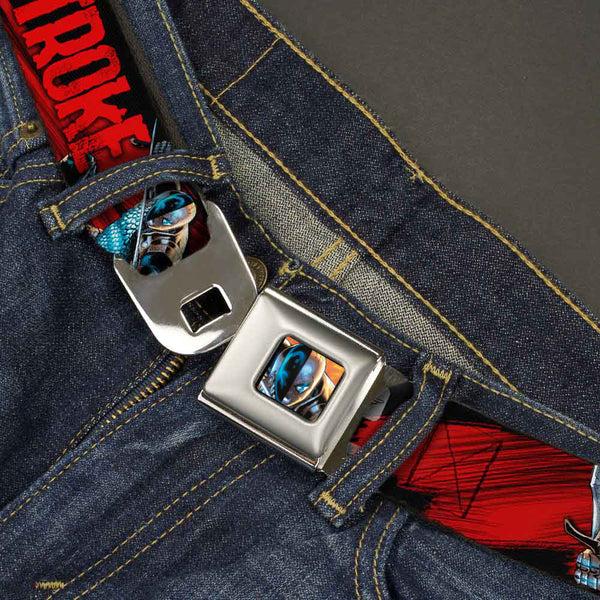Buckle Down New 52 Deathstroke Face CLOSE-UP Full Color Red Seatbelt Belt - New 52 DEATHSTROKE Action Poses Black/Red Webbing